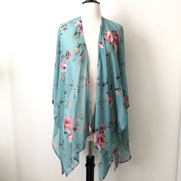 Audrey 3+1 pink floral print on mint green open kimono short sleeve top - Picture 1 of 4